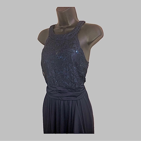 Dark blue sequin halter sheer chiffon faux wrap maxi evening dress gown size 10 - Picture 4 of 15